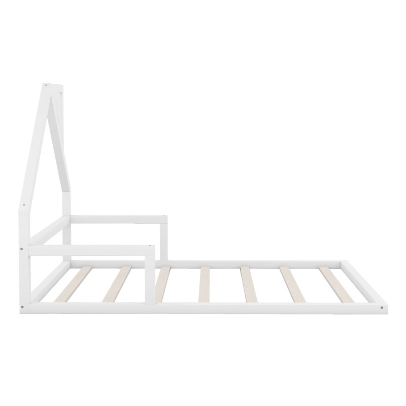 Full Size Wood Floor Bed with House-Shaped Headboard, Sturdy Pine Wood Construction, Easy Assembly, 78" L x 56.5" W x 46.5" H, White