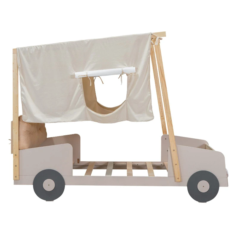Wood Twin Size Car Bed with Pillow, Ceiling Cloth, LED Lights, and Magazine Holder, 79" L x 42.5" W x 62" H, Natural