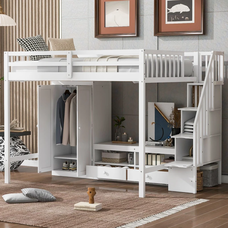 Full Size Loft Bed Frame with Wardrobe, Low Storage Table, Storage Staircase, Solid Wood and MDF, 93.5" L x 56.5" W x 65.5" H, White
