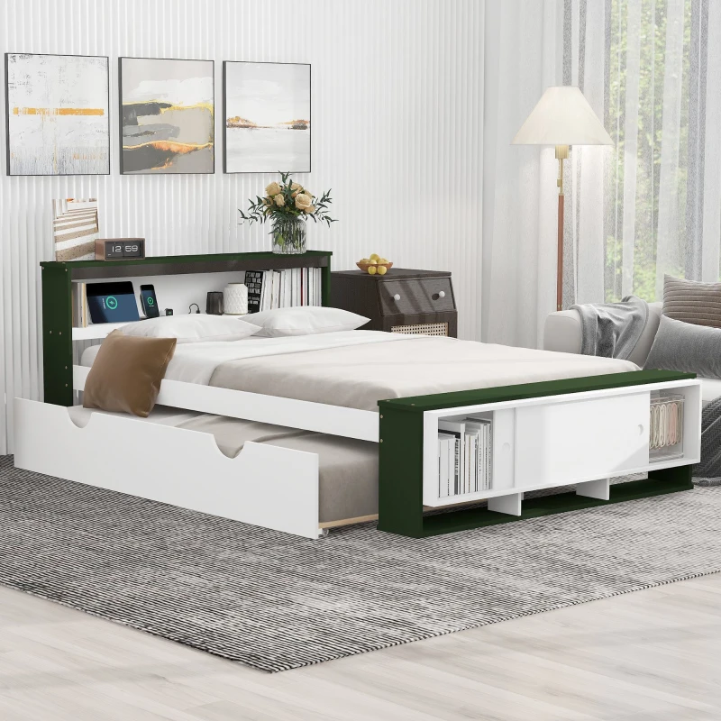 Vinsetto Full Size Platform Bed with Trundle, Storage Headboard and Footboard, USB Charging Ports, 92.5" L x 97.5" W x 32.5" H, White+Green