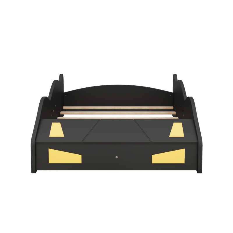 Twin Size Race Car-Shaped Platform Bed with Wheels and Storage, Solid Wood and MDF, 90.5" L x 40" W x 15.5" H, Black