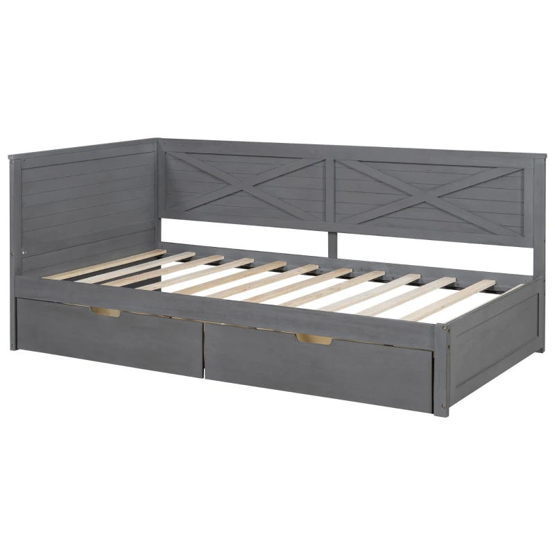 Vinsetto Twin Size Wood Daybed with 2 Drawers, Rustic Guardrail, Solid Pine Wood and MDF, 77.5" L x 42" W x 33.5" H, Grey