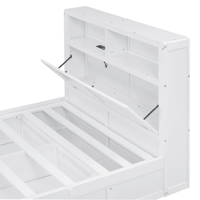 Wood Full Size Hydraulic Platform Bed with Storage LED Headboard, Charging Station, and 2 Drawers, 86" L x 56.5" W x 47" H, White