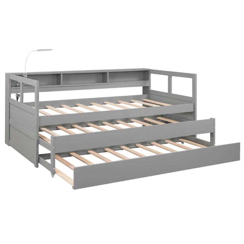 Twin XL Wood Daybed with 2 Trundles, 3 Storage Cubbies, Free Light and USB Charging, 82" L x 129.5" W x 35.5" H, Gray