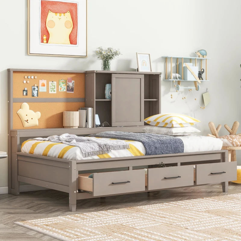 Twin Size Lounge Daybed with Storage Shelves, Cork Board, USB Ports, and 3 Drawers, 78.5" L x 50" W x 51" H, Antique Gray
