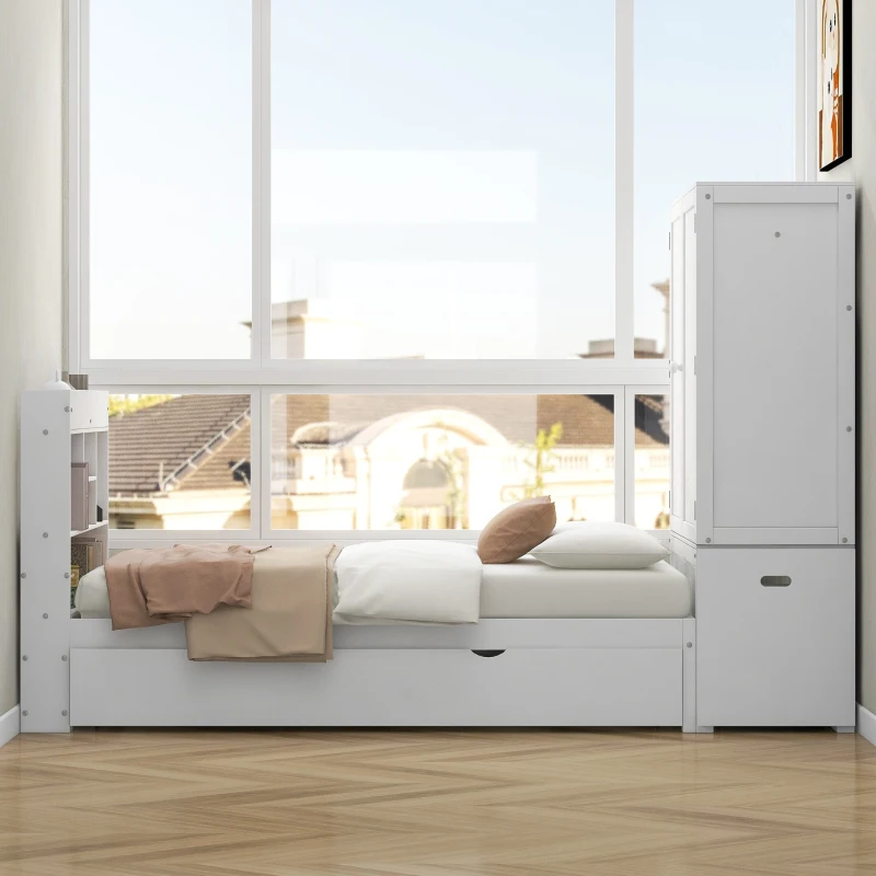 Vinsetto Twin Size Platform Bed with Storage Headboard, Footboard, Pull Out Shelves, and Twin Size Trundle, 101" L x 41.5" W x 65.5" H, White