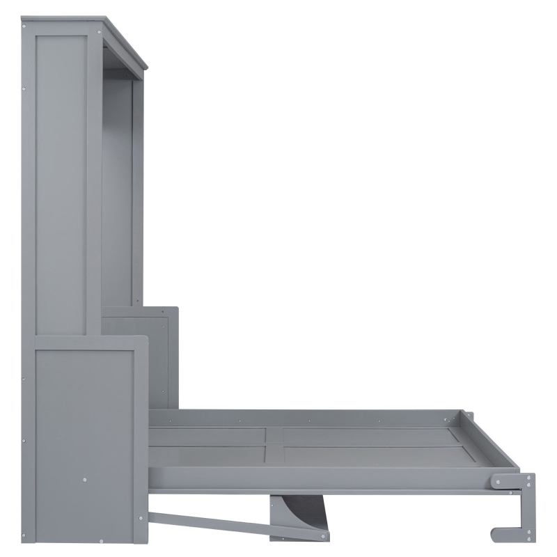 Space-Saving Design Queen Size Murphy Bed with Shelf, Solid Wood and MDF, 86" L x 69.5" W x 87" H, Gray