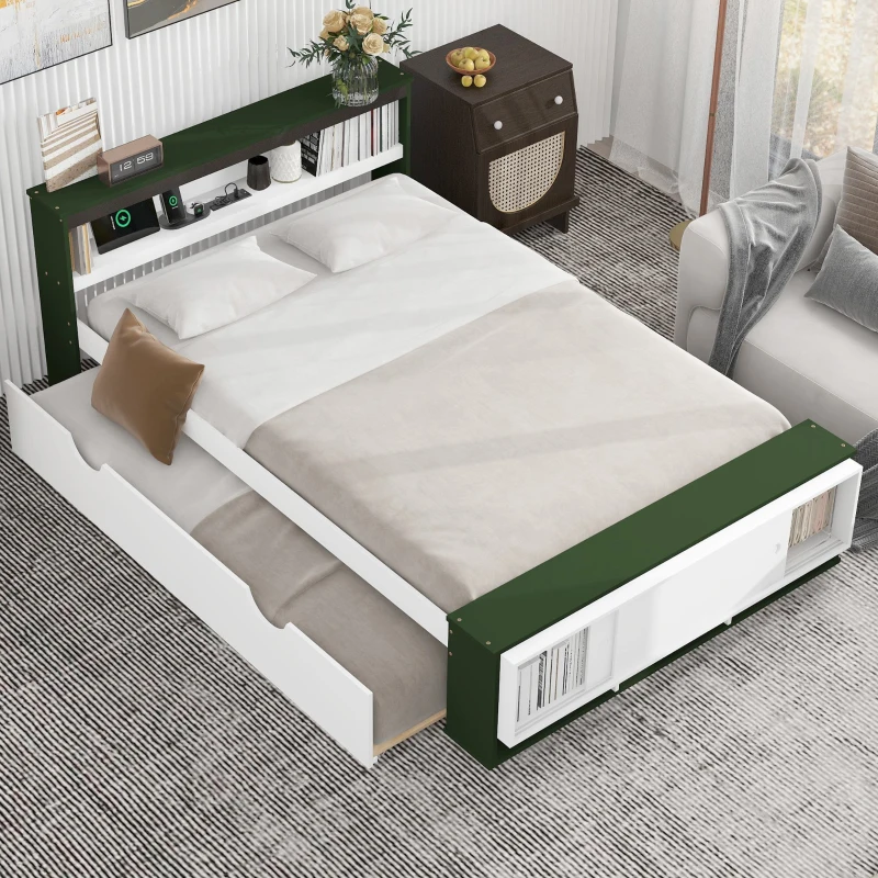 Vinsetto Full Size Platform Bed with Trundle, Storage Headboard and Footboard, USB Charging Ports, 92.5" L x 97.5" W x 32.5" H, White+Green
