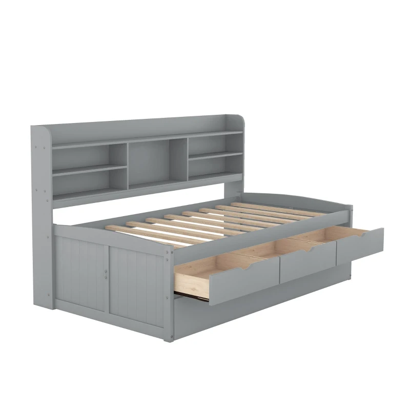 Classic Style Twin Size Wooden Captain Bed with Built-in Bookshelves, 3 Storage Drawers, and Trundle, 77.5" L x 88" W x 47" H, Gray
