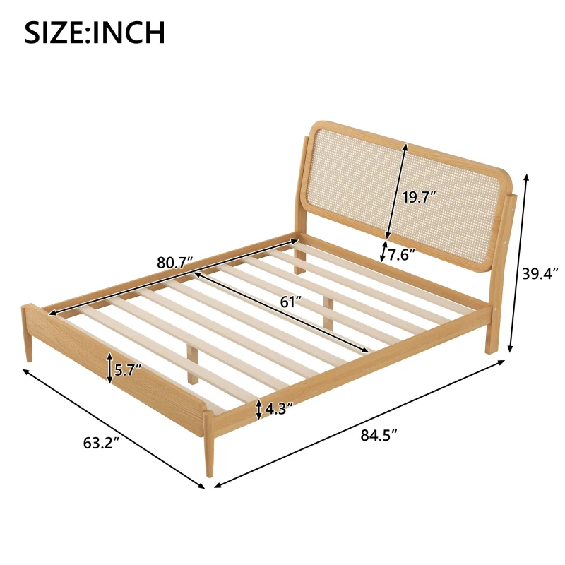 Vinsetto Queen Size Wood Storage Platform Bed with LED Light, Rattan Headboard, No Box Spring Required, 84.5" L x 63" W x 39.5" H, Antique Natural