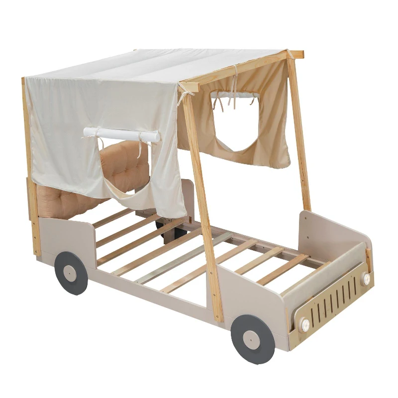 Wood Twin Size Car Bed with Pillow, Ceiling Cloth, LED Lights, and Magazine Holder, 79" L x 42.5" W x 62" H, Natural