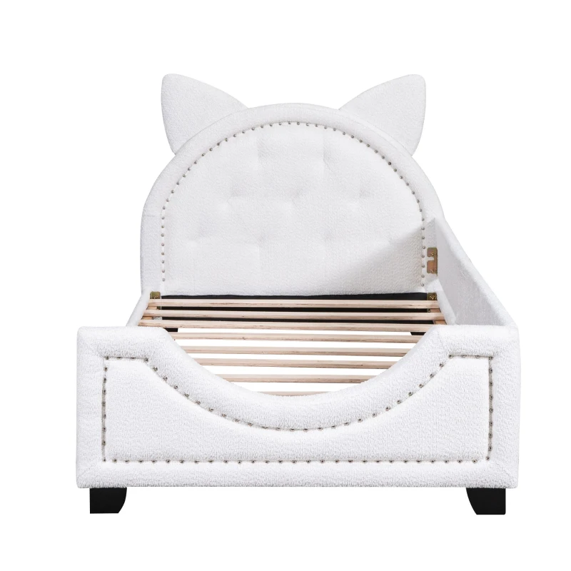 Teddy Fleece Twin Size Upholstered Daybed with Carton Ears Shaped Headboard, Sturdy Frame, Easy to Assemble, 80" L x 41" W x 37" H, White
