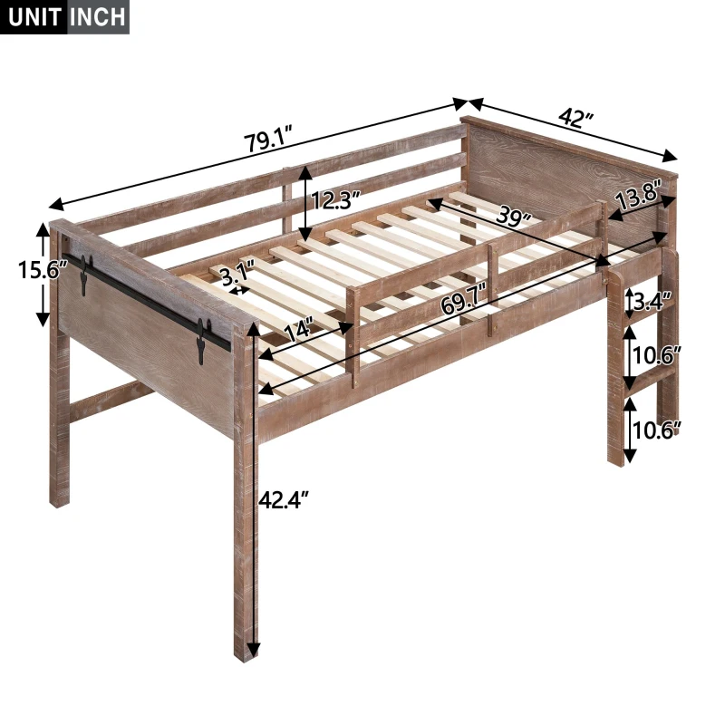 Wood Twin Size Loft Bed with Hanging Clothes Racks, Guardrails, and Playful Space, Solid Pine Construction, 79" L x 42" W x 42.5" H, Natural