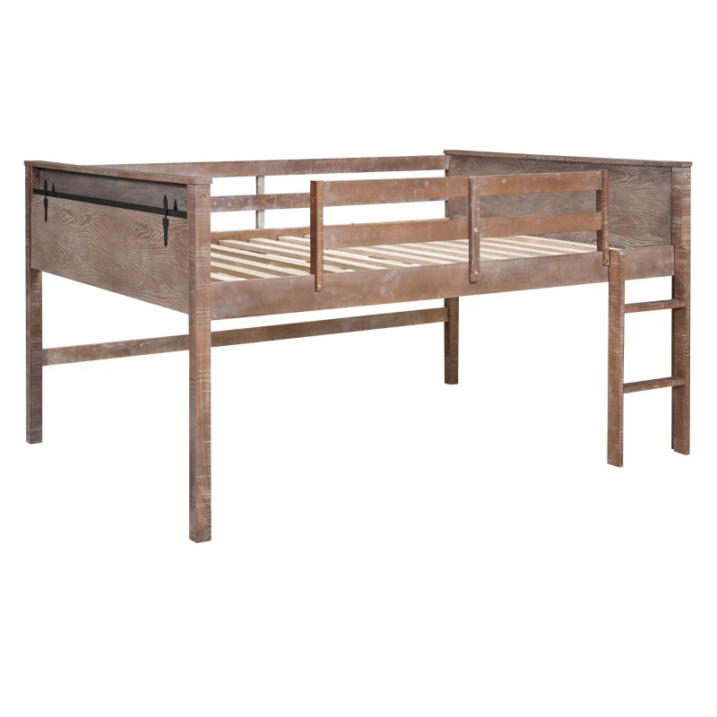 Wood Twin Size Loft Bed with Hanging Clothes Racks, Guardrails, and Playful Space, Solid Pine Construction, 79" L x 42" W x 42.5" H, Natural
