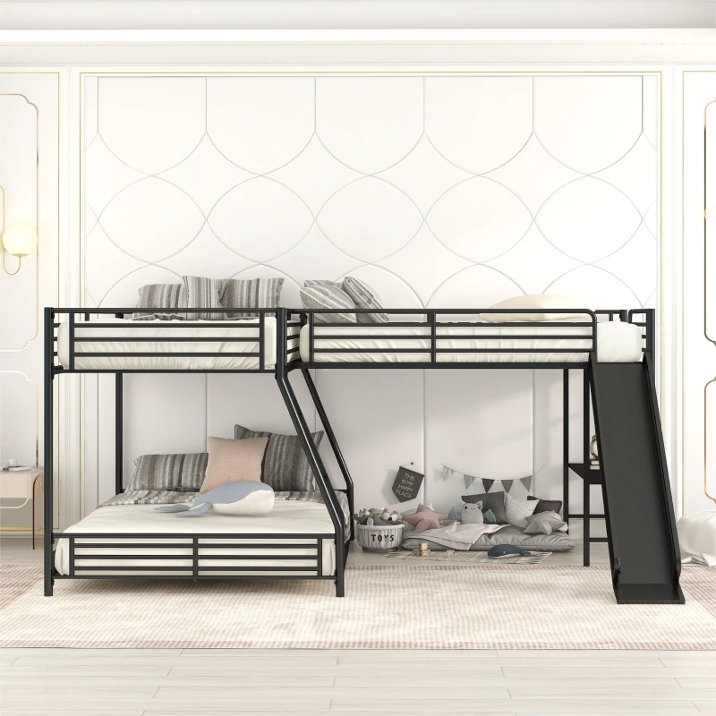 L-Shaped Twin over Full Bunk Bed with Twin Loft, Built-in Desk, Slide, Metal Frame, 117.5" L x 77.5" W x 53" H, Black
