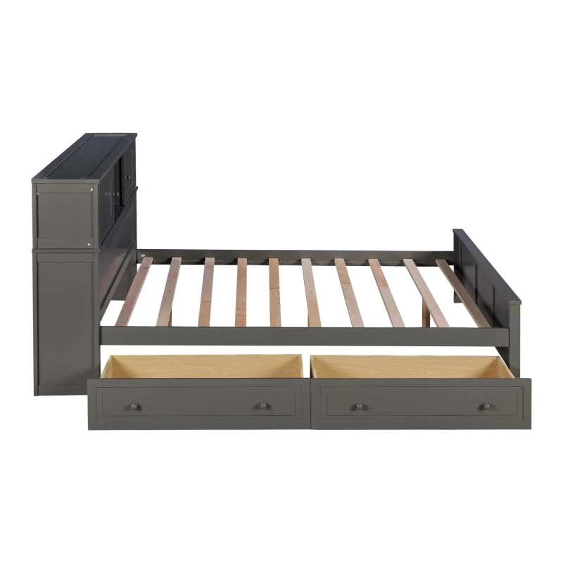 Vinsetto Full Size Platform Bed with Storage Headboard, Sliding Door, 2 Drawers, Solid Wood and MDF, 89" L x 58" W x 42" H, Gray