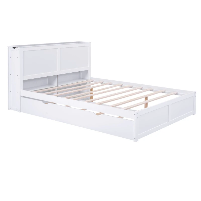 Queen Size Storage Platform Bed with Pull Out Shelves and Twin XL Trundle, Solid Wood and MDF, 111.5" L x 93.5" W x 39.5" H, White