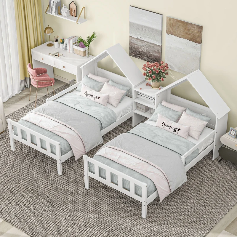 Double Twin Size Platform Bed with House-Shaped Headboard, Built-in Nightstand, Solid Wood Construction, 99.5" L x 78" W x 48" H, White