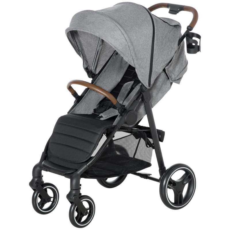 Qaba Lightweight Baby Stroller with One-Click Fold, Toddler Travel Stroller with Adjustable Backrest Footrest, Compact Stroller with All Wheel Suspension, Sun Canopy, Gray
