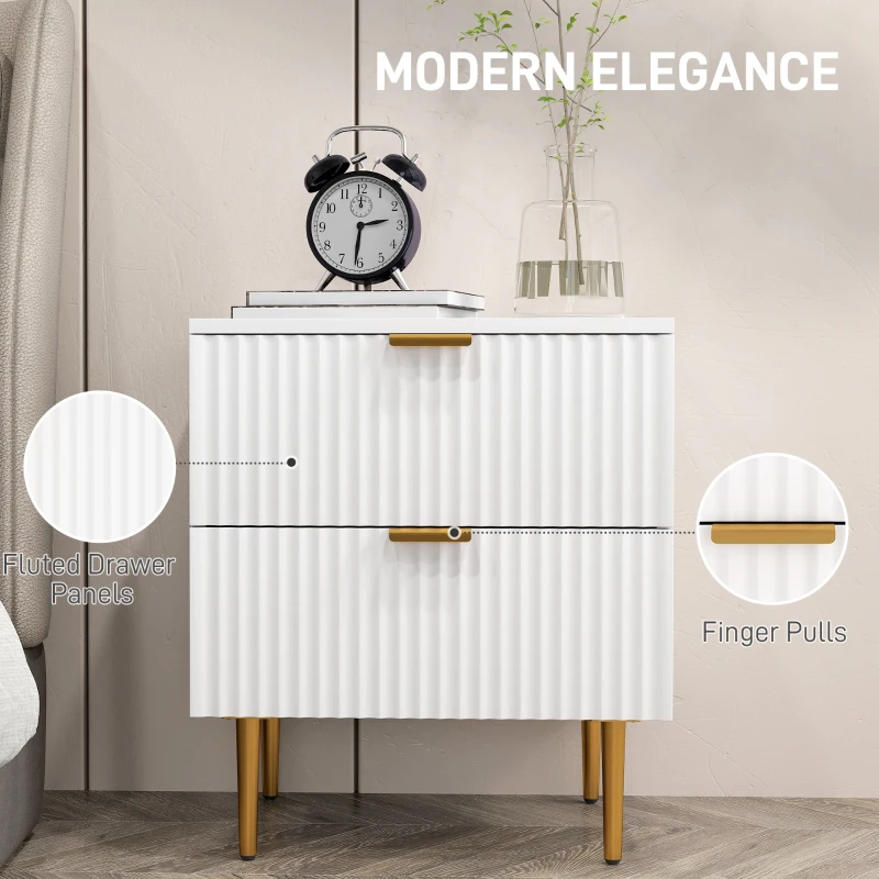HOMCOM Bedside Table, Modern Nightstand with 2 Drawers, Side End Table with Metal Legs for Living Room, Bedroom, White