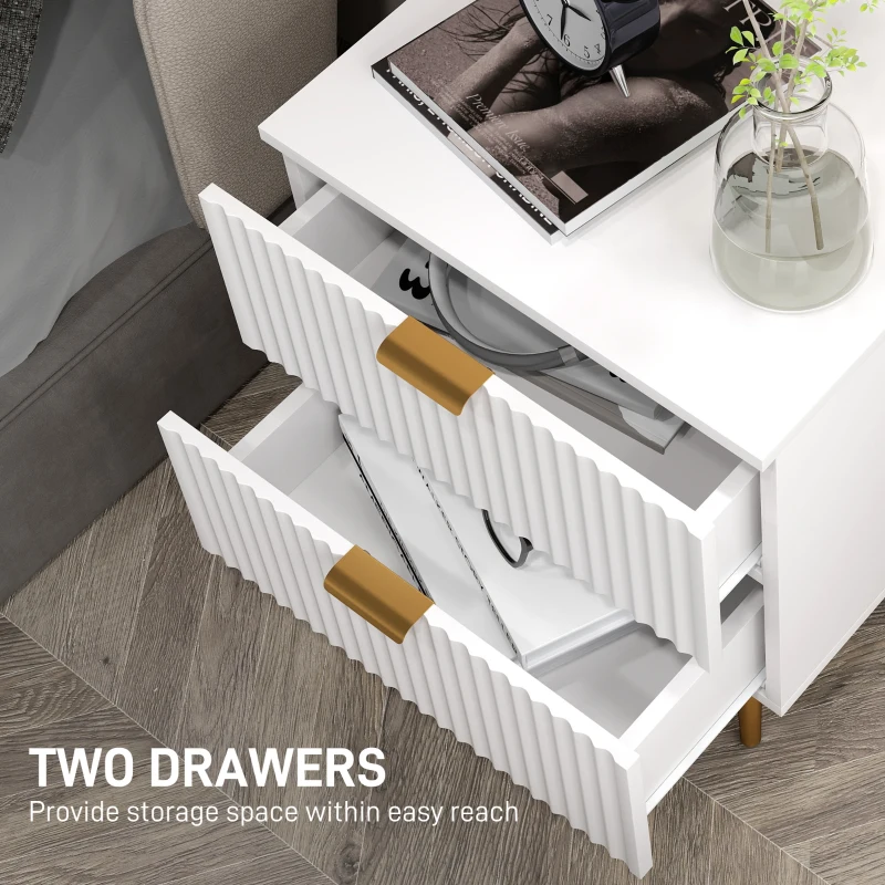 HOMCOM Bedside Table, Modern Nightstand with 2 Drawers, Side End Table with Metal Legs for Living Room, Bedroom, White