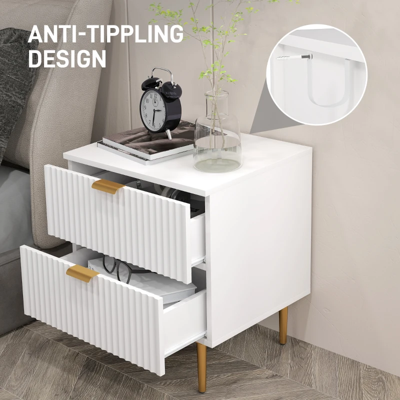 HOMCOM Bedside Table, Modern Nightstand with 2 Drawers, Side End Table with Metal Legs for Living Room, Bedroom, White