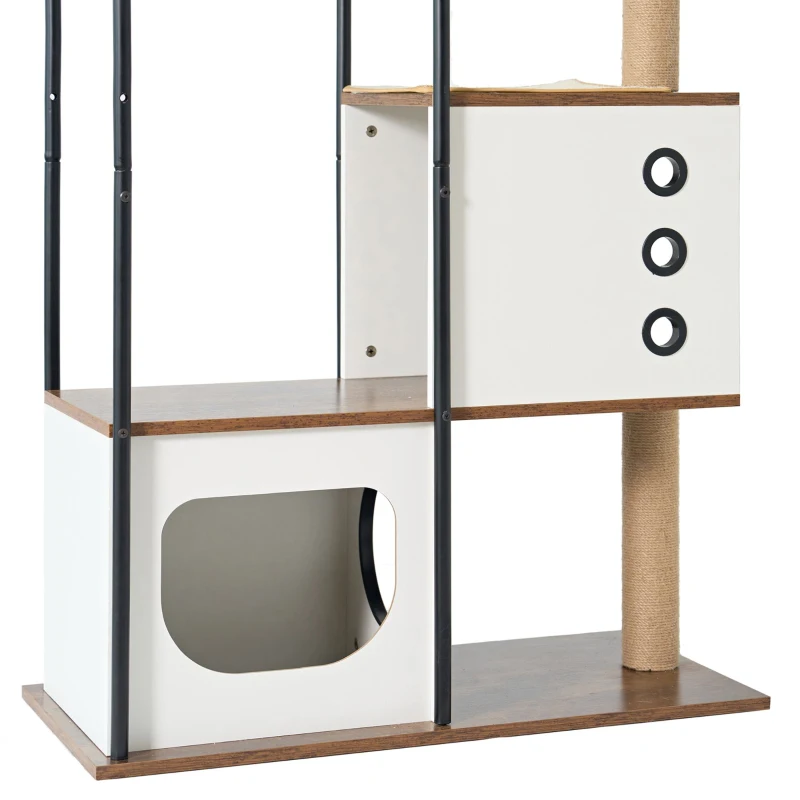 Multi-Level Cat Tree Tower and Condo with Cave, 2 Scratching Posts, Perch, Broad Activity Platform, 31.5" L x 16" W x 60" H, White+Vintage