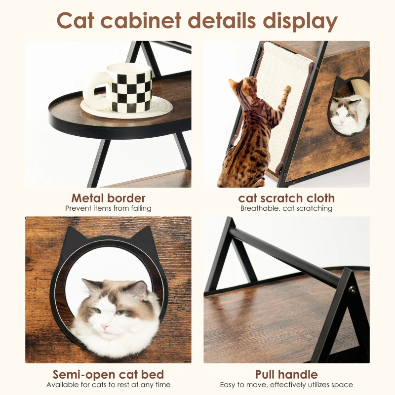 Vintage Wooden Cat House End Table with Hidden Condo, Storage Shelf, Durable Pet Furniture, 23.5" L x 13" W x 30" H, Black+Vintage
