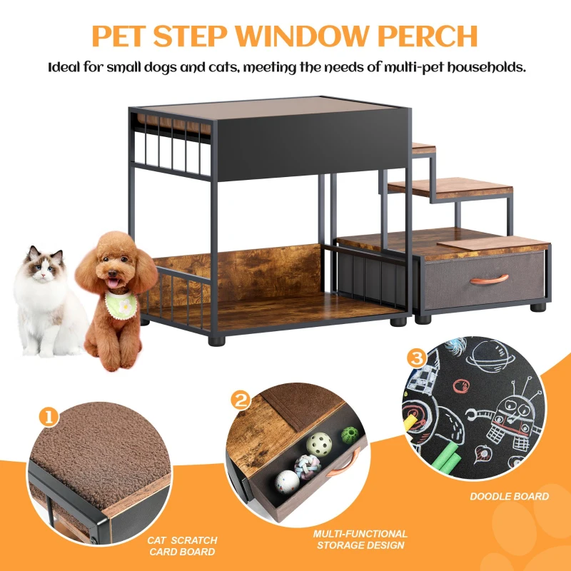 Dog Window Perch with Steps, Non-Slip Pad, Storage Drawer, and Sponge Cushion, Pet Bunk Bed, 47.5" L x 20" W x 25.5" H, Black+Vintage
