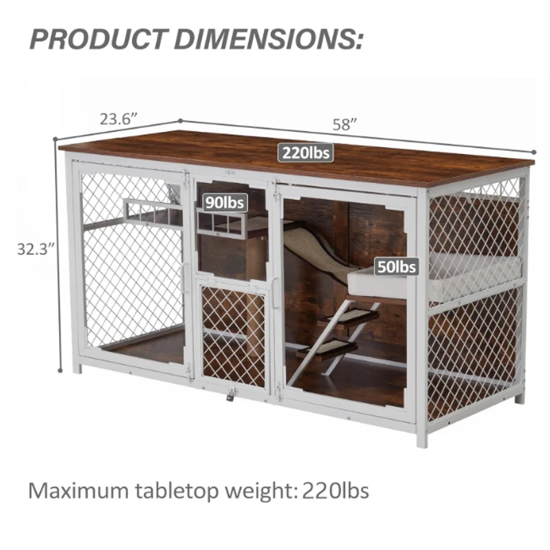 Wooden Multifunctional Cat House TV Stand with Resting, Entertainment, Dining, and Bathroom Areas, 58" L x 23" W x 32" H, White+Vintage