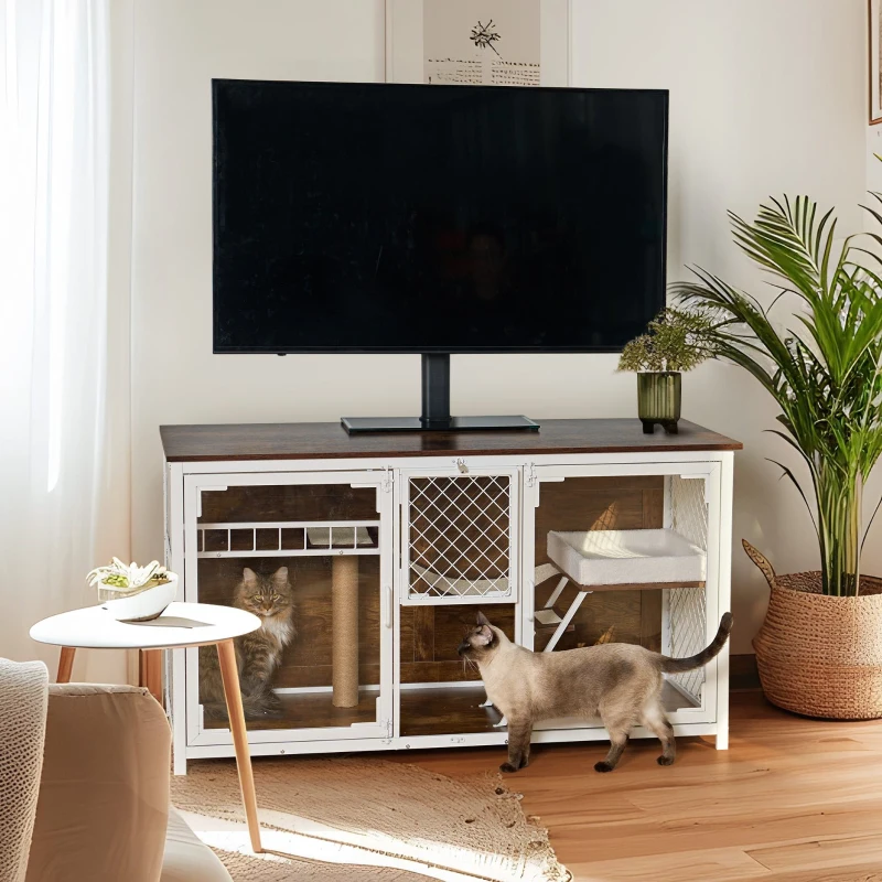 Wooden Multifunctional Cat House TV Stand with Resting, Entertainment, Dining, and Bathroom Areas, 58" L x 23" W x 32" H, White+Vintage