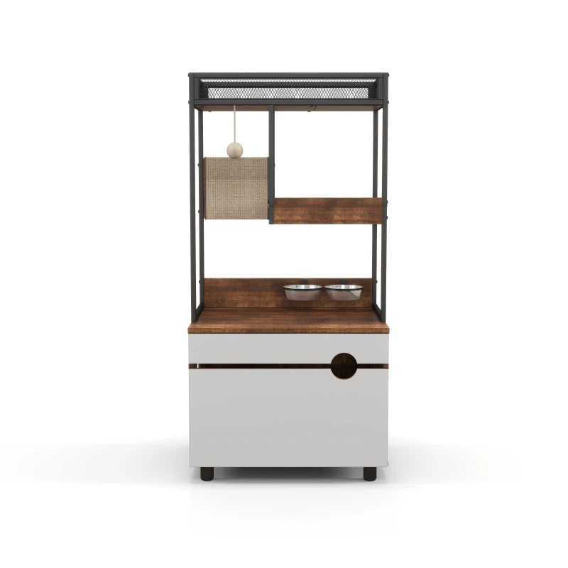 Cat Litter Box Enclosure with Cat Tree Tower, Multi-Functional Cat Furniture Cabinet, 23.5" L x 19" W x 48.5" H, White+Vintage