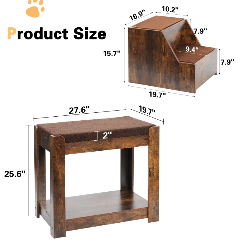 Multi-Level Window Perch Seat with Cushion and Scratch Pad, Indoor Pet Bunk Bed with Removable Step, 47.5" L x 20" W x 25.5" H, Vintage