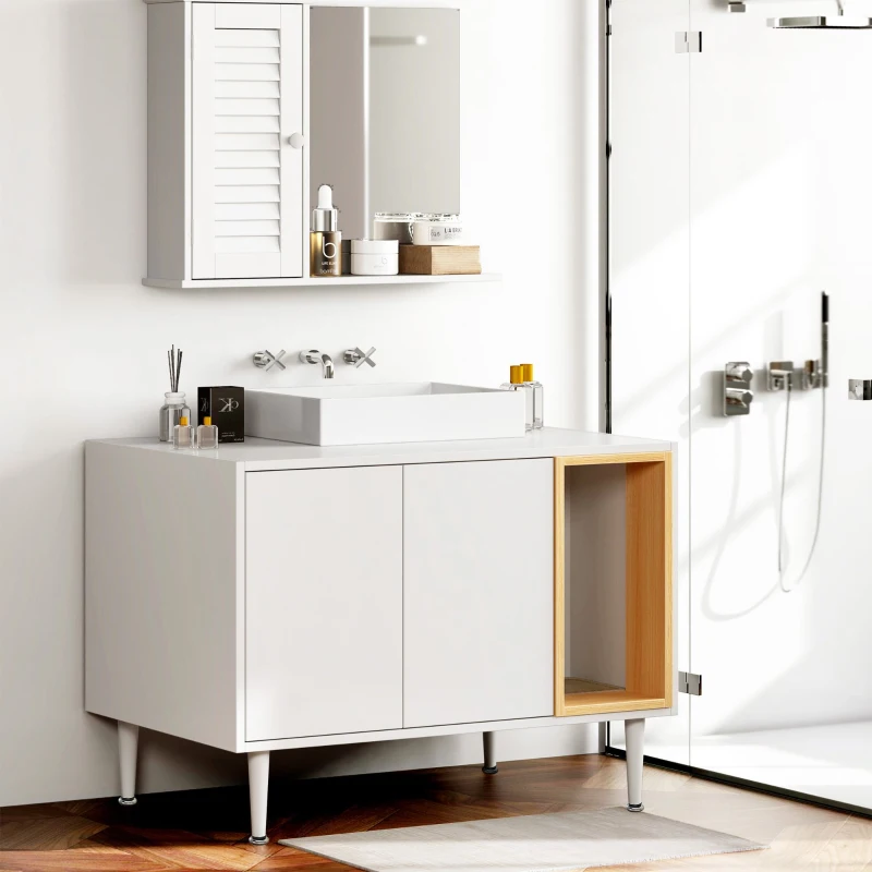 Wooden Bathroom Sink Cabinet with Cat Litter Box Enclosure and Divider, Cat House for Large Cats, 33" L x 21.5" W x 23.5" H, White+Vintage