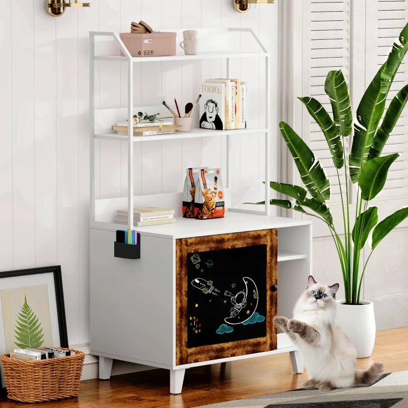 Graffiti Litter Box Enclosure with 2 Shelves and Chalkboard Door, Indoor Cat House for Most Litter Boxes, 30" L x 19" W x 55" H, White+Vintage