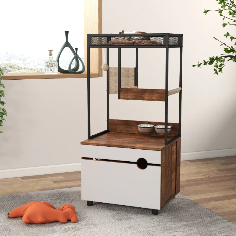Cat Litter Box Enclosure with Cat Tree Tower, Multi-Functional Cat Furniture Cabinet, 23.5" L x 19" W x 48.5" H, White+Vintage