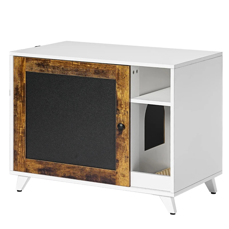 Modern Cat Litter Box Enclosure Furniture with Scratching Pad and Chalkboard Doors, Particle Board, 30.5" L x 20" W x 24" H, White+Vintage