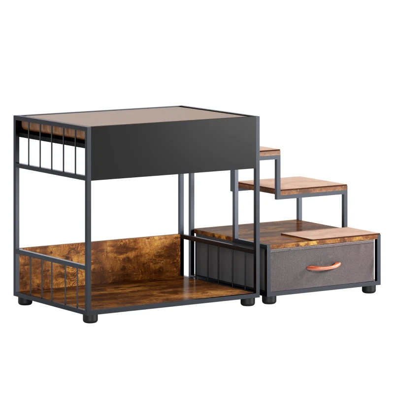 Dog Window Perch with Steps, Non-Slip Pad, Storage Drawer, and Sponge Cushion, Pet Bunk Bed, 47.5" L x 20" W x 25.5" H, Black+Vintage