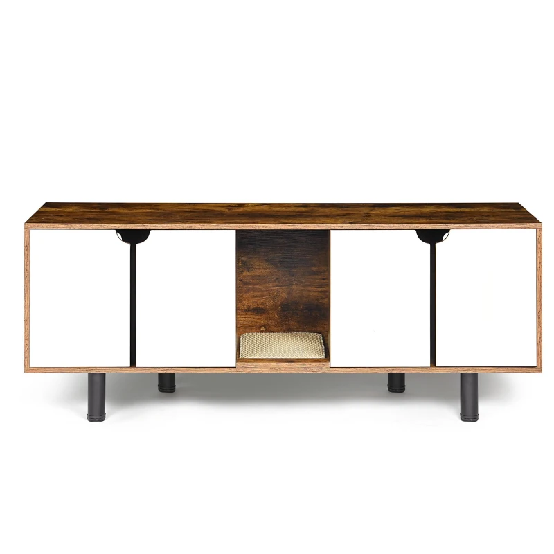 Indoor Cat House Cabinet TV Stand End Table for 2 Cats, Double Hidden Litter Box Furniture, 59" L x 19" W x 23" H, White+Vintage