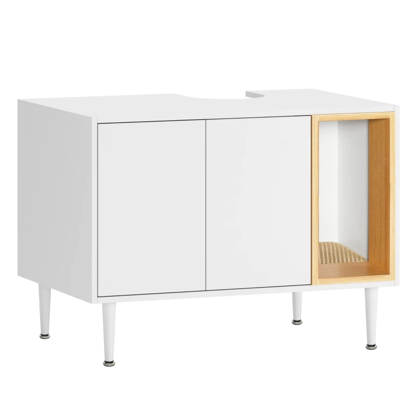Wooden Bathroom Sink Cabinet with Cat Litter Box Enclosure and Divider, Cat House for Large Cats, 33" L x 21.5" W x 23.5" H, White+Vintage