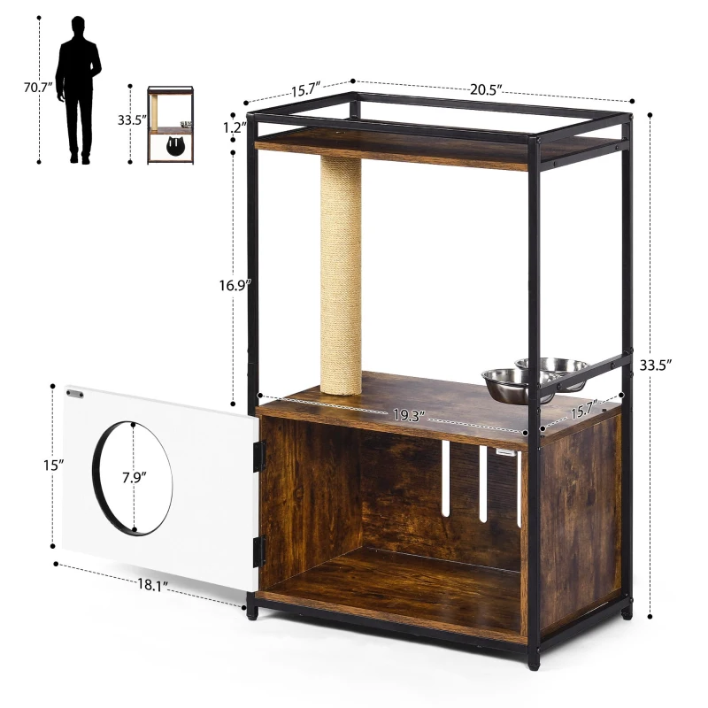 Indoor Cat Condo with Scratching Posts and Feeding Station, Multifunctional Furniture Style Cat House, 20.5" L x 16" W x 33.5" H, White+Vintage