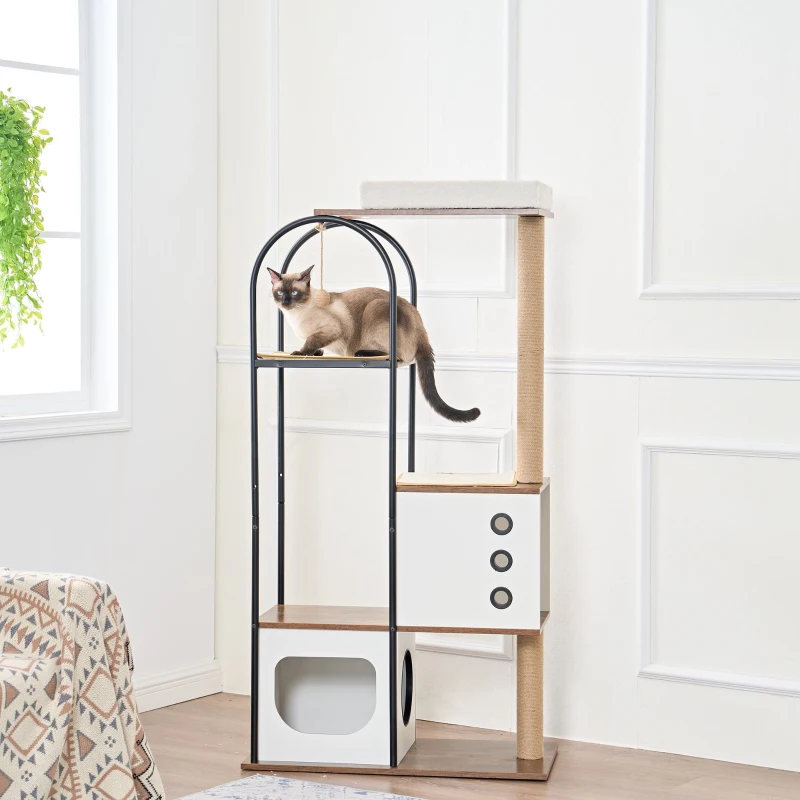Multi-Level Cat Tree Tower and Condo with Cave, 2 Scratching Posts, Perch, Broad Activity Platform, 31.5" L x 16" W x 60" H, White+Vintage