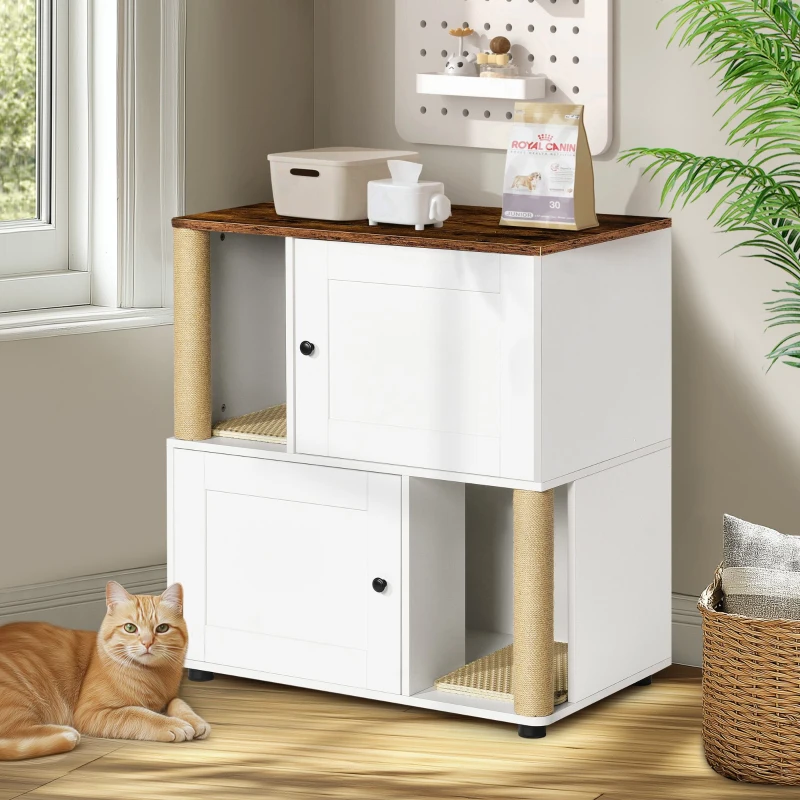 Double Cat Litter Box Enclosure with Shelves and Particle Board, Cat Cabinet Fits Most Litter Boxes, 31.5" L x 20" W x 34.5" H, White+Vintage