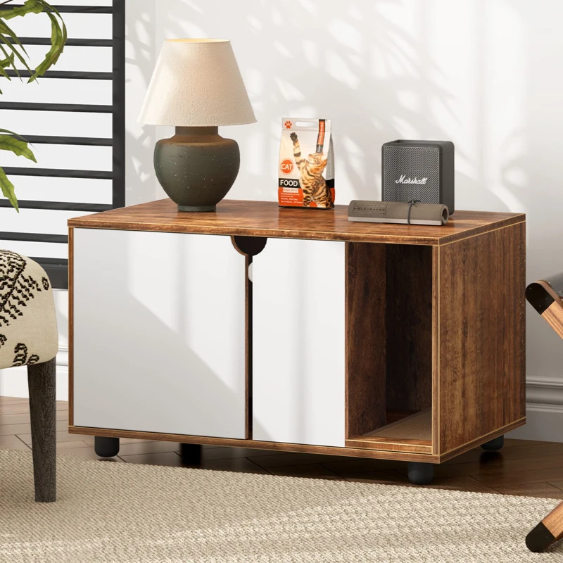 Cat Litter Box Enclosure with Double Doors, Fits Cats Under 16 lbs, Hidden Washroom Furniture Style, 31.5" L x 19" W x 19" H, White+Vintage