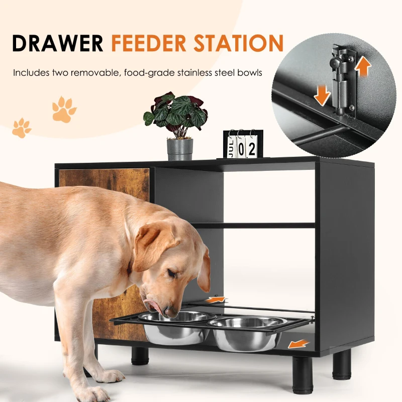 Large Pet Feeder Station with Stainless Steel Pull-Out Raised Bowls, Dog Food Storage Cabinet, 32.5" L x 14" W x 23.5" H, Black+Vintage
