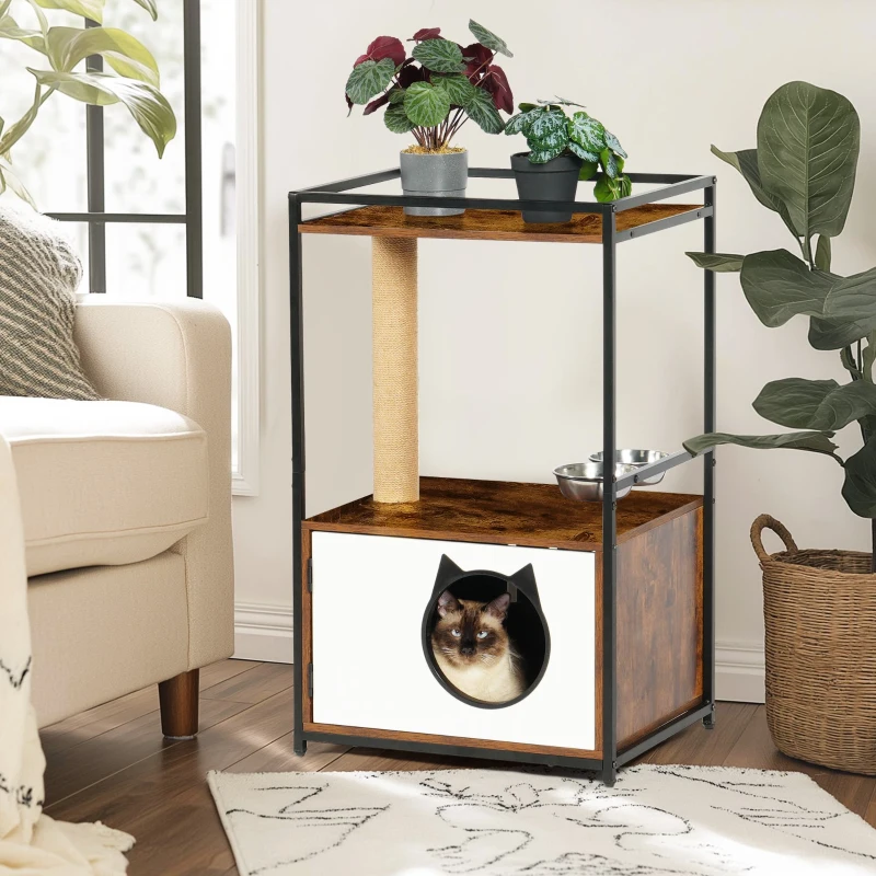 Indoor Cat Condo with Scratching Posts and Feeding Station, Multifunctional Furniture Style Cat House, 20.5" L x 16" W x 33.5" H, White+Vintage