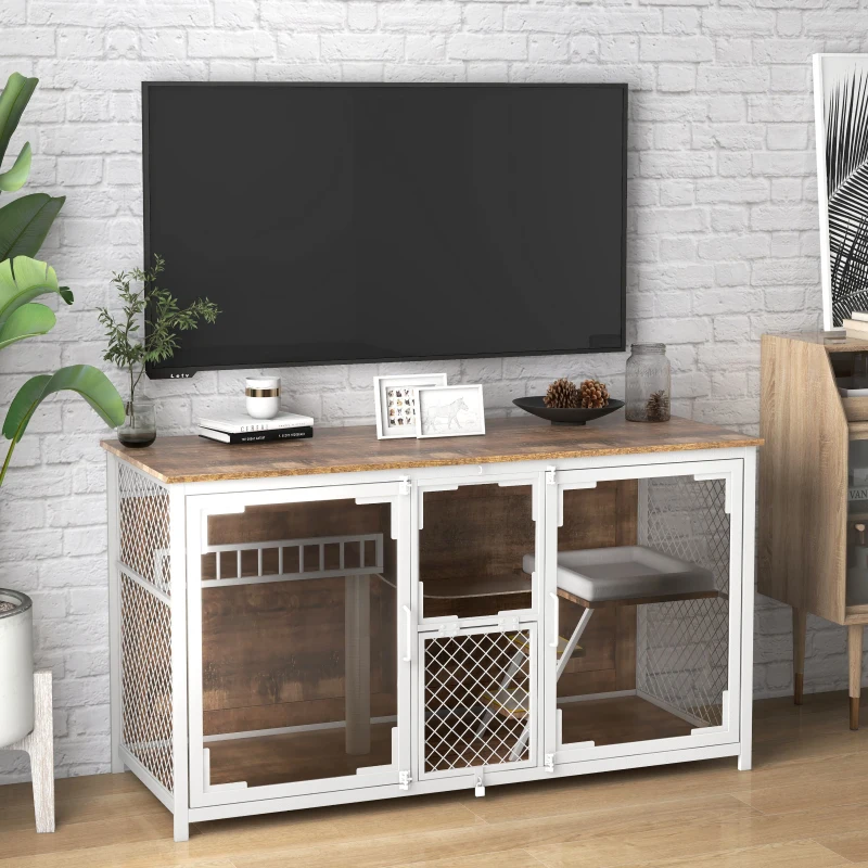 Wooden Multifunctional Cat House TV Stand with Resting, Entertainment, Dining, and Bathroom Areas, 58" L x 23" W x 32" H, White+Vintage