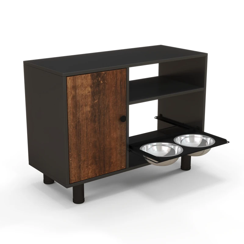 Large Pet Feeder Station with Stainless Steel Pull-Out Raised Bowls, Dog Food Storage Cabinet, 32.5" L x 14" W x 23.5" H, Black+Vintage
