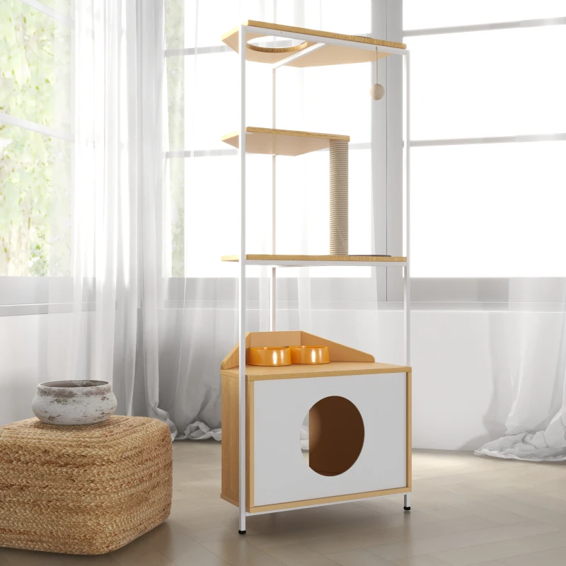 Corner Multi-Level Cat Tower and Condo with Scratching Post, Feeding Station, 25" L x 16" W x 58.5" H, White+Light Oak