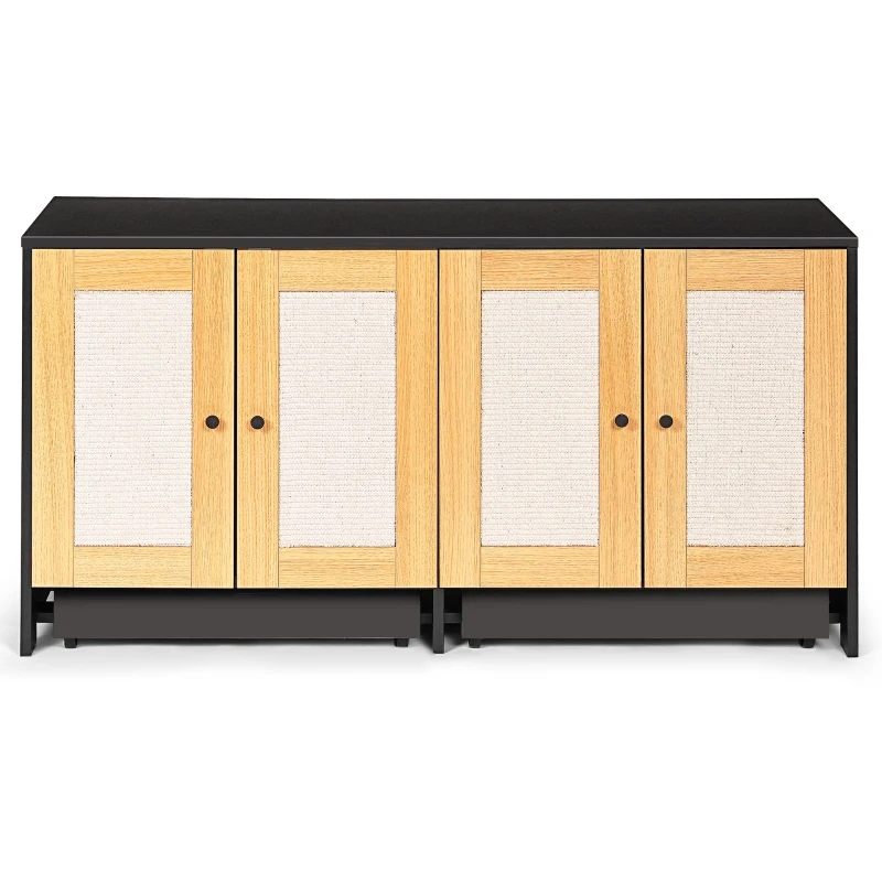 Double Litter Box Enclosure for 2 Cats with Rattan Doors and Sisal Scratch Panel, Hidden Cat Furniture, 47" L x 20" W x 23.5" H, Light Oak